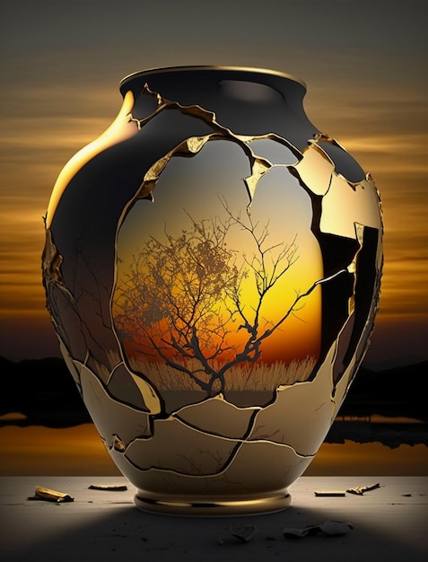 Um pôr do sol dourado refletido nos pedaços quebrados de uma jarra.