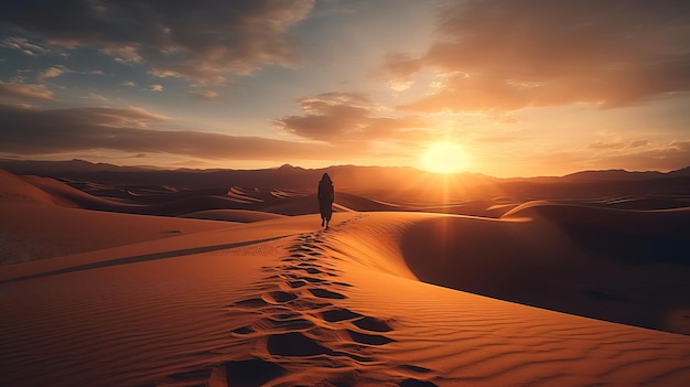 Foto um pôr-do-sol dramático sobre um deserto o sol lançando longas sombras e tornando a areia dourada