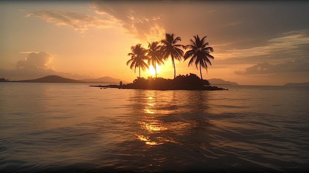 Um pôr do sol em uma pequena ilha com algumas palmeiras na água