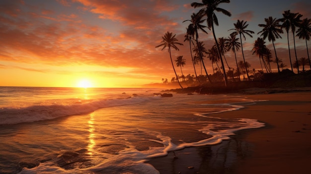Um pôr do sol em uma praia com palmeiras ao fundo.