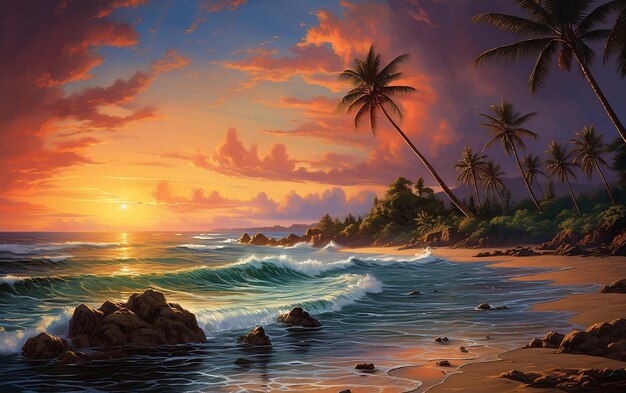Um pôr do sol em uma praia tropical com palmeiras AI