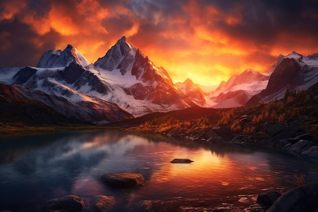 Um pôr-do-sol épico sobre picos de montanhas escarpadas