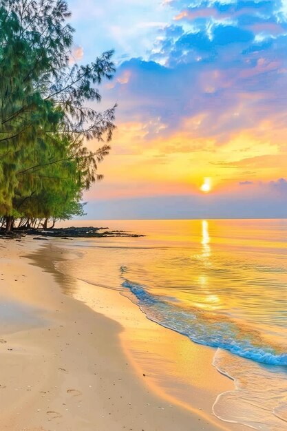 Foto um pôr-do-sol está na praia e o sol está a pôr-se