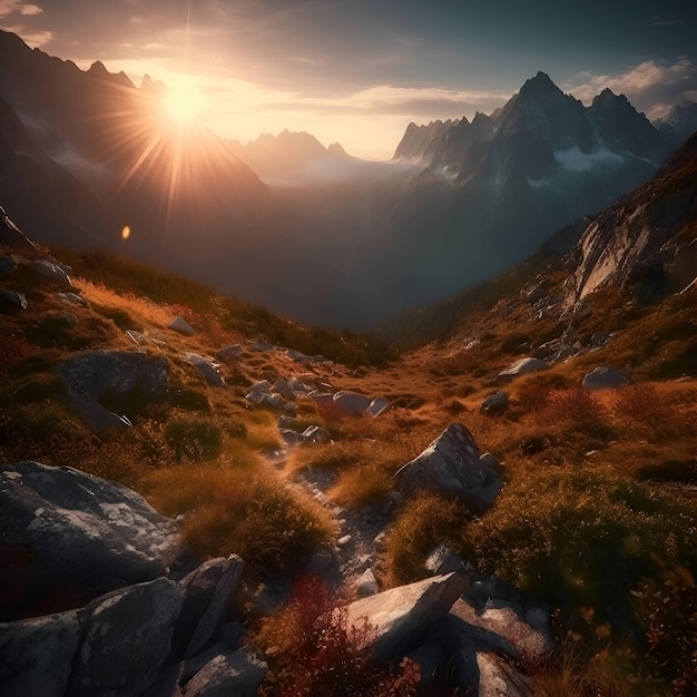 Um pôr-do-sol fantástico nas montanhas Uma cena dramática Um mundo de beleza
