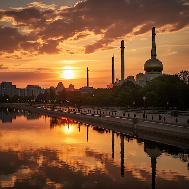 Foto um pôr-do-sol impressionante sobre as cúpulas e minaretes da cidade velha de tashkent