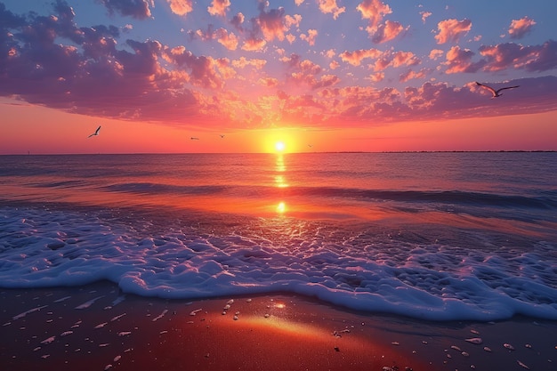 Um pôr-do-sol incrível na praia com nuvens cor-de-rosa e gaivotas a voar