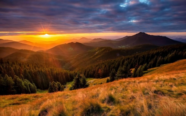 Um pôr-do-sol majestoso na paisagem das montanhas