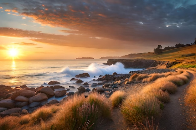 Um pôr do sol na costa da nova zelândia