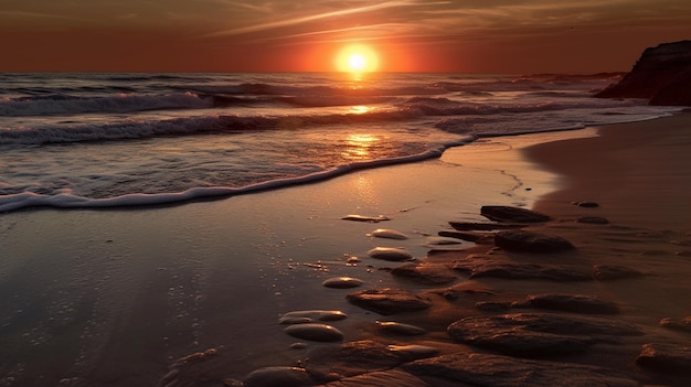 Um pôr do sol na praia com o sol se pondo no horizonte.