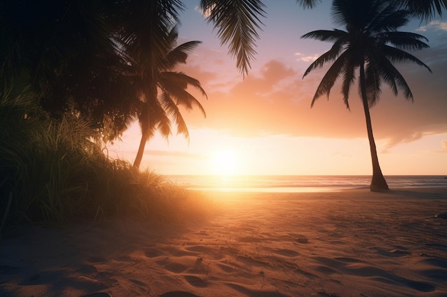 Um pôr do sol na praia com palmeiras e o pôr do sol no horizonte