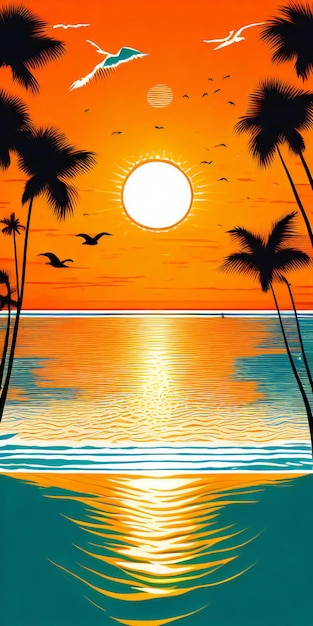 Foto um pôr do sol na praia com palmeiras e pássaros voando no céu