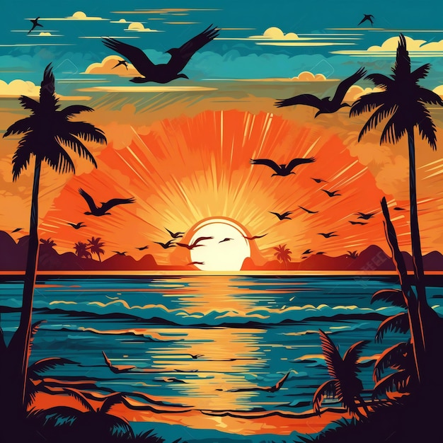 um pôr do sol na praia com palmeiras e pássaros