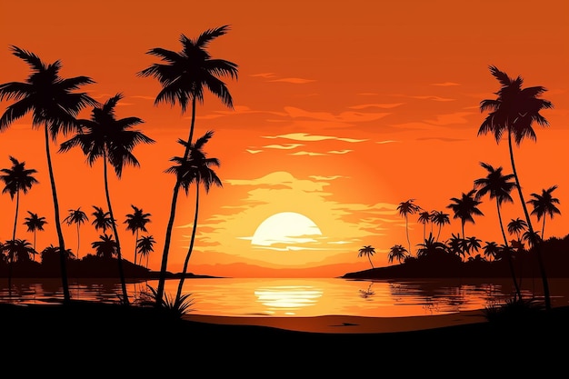 Um pôr do sol na praia com palmeiras em primeiro plano