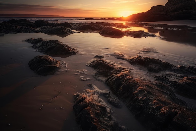 Um pôr do sol na praia com pedras e o pôr do sol