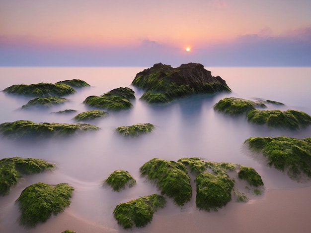 Um pôr do sol na praia com uma grande rocha em primeiro plano e um céu nublado ao fundo.