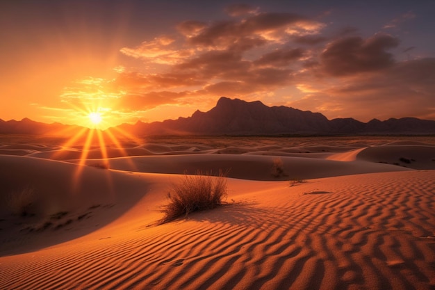 Foto um pôr do sol no deserto com o sol se pondo atrás