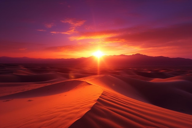 Foto um pôr do sol no deserto com o sol se pondo atrás