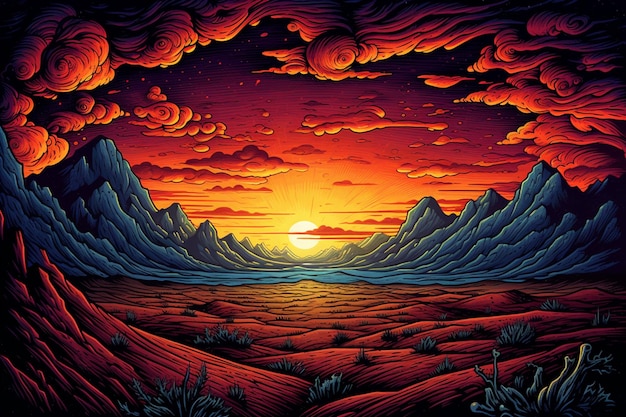 Um pôr do sol no deserto com o sol se pondo no horizonte.