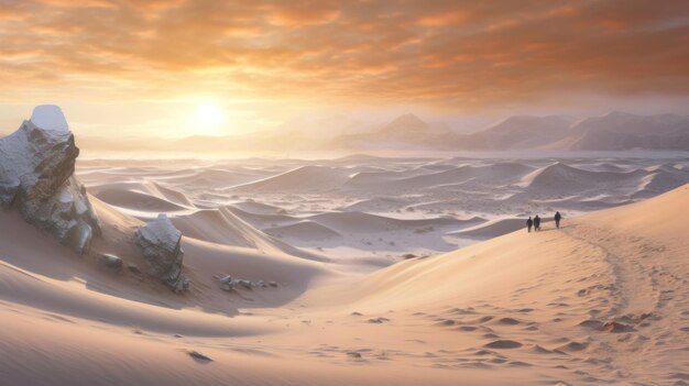 Um pôr do sol no deserto com um grupo de pessoas caminhando no deserto.