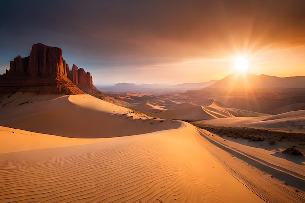 Um pôr do sol no deserto com uma duna de areia e montanhas ao fundo