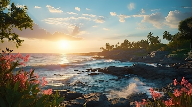 um pôr-do-sol no oceano com uma cena de praia e rochas em primeiro plano