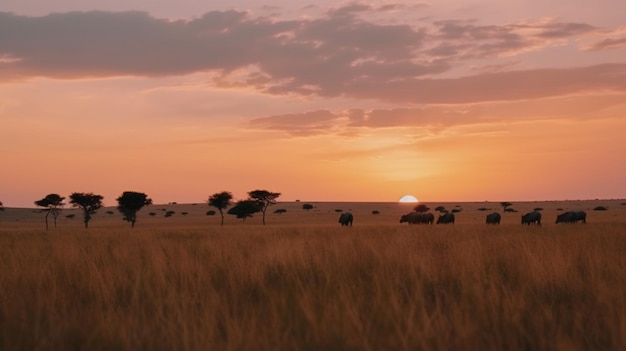 Um pôr do sol no parque nacional do serengeti