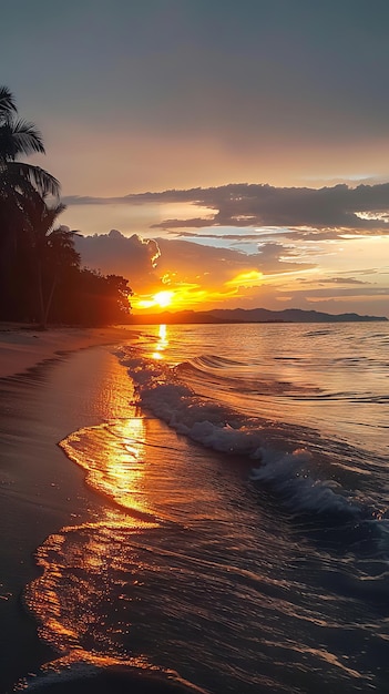 Um pôr-do-sol numa praia com palmeiras