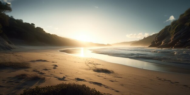 Um pôr-do-sol pacífico numa praia isolada