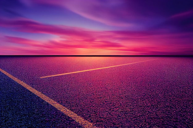 Um pôr do sol roxo colorido com uma estrada para o céu uma borda infinita. renderização 3D. Ilustração de varredura.