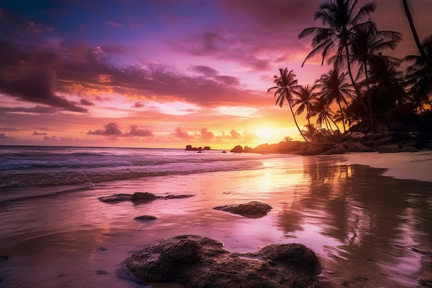 Um pôr do sol roxo com palmeiras e um céu roxo