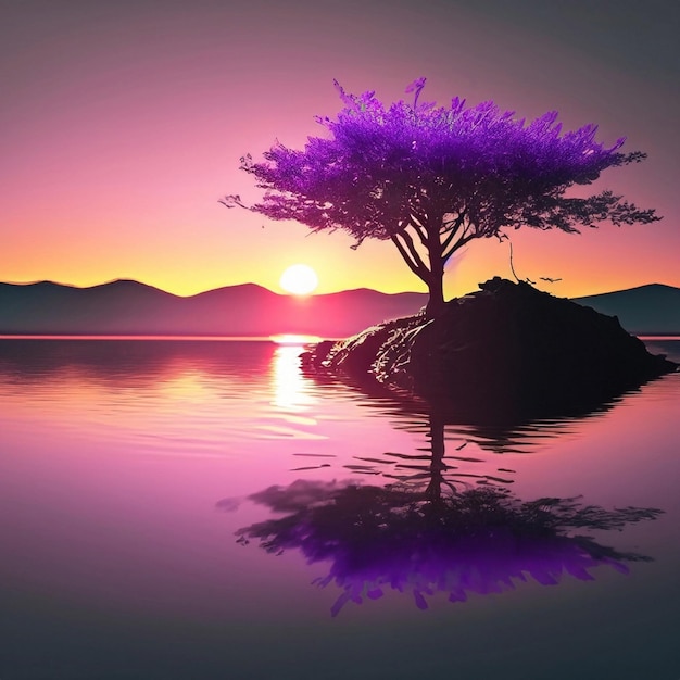 Um pôr do sol roxo sobre um lago cercado por árvores