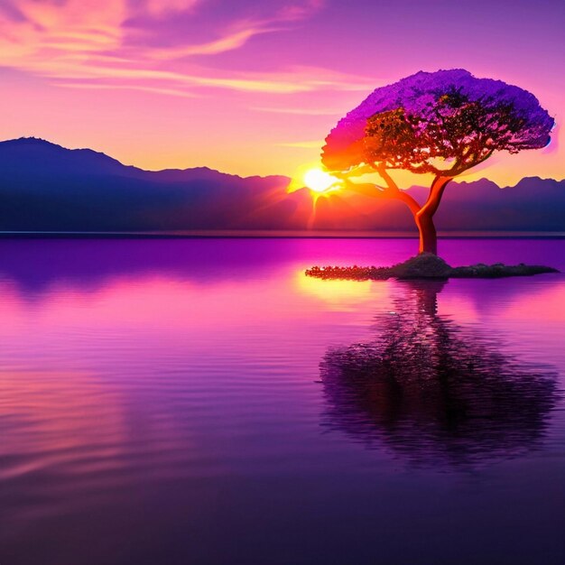 Um pôr do sol roxo sobre um lago cercado por árvores