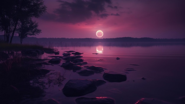 Um pôr do sol roxo sobre um lago com uma lua no céu