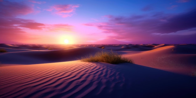Um pôr do sol roxo sobre uma duna de areia