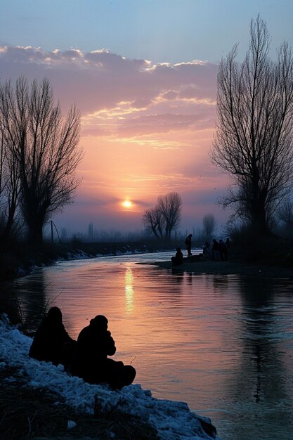 um pôr-do-sol sereno ao lado de um rio durante Nowruz