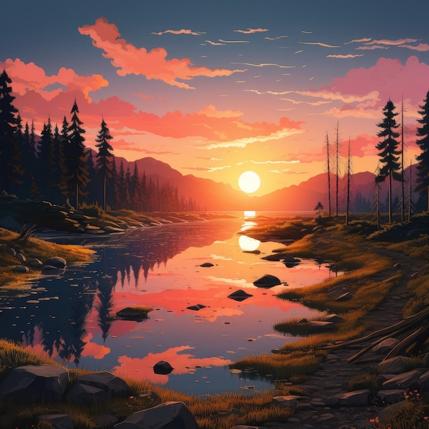 Um pôr do sol sereno e tranquilo sobre um lago tranquilo