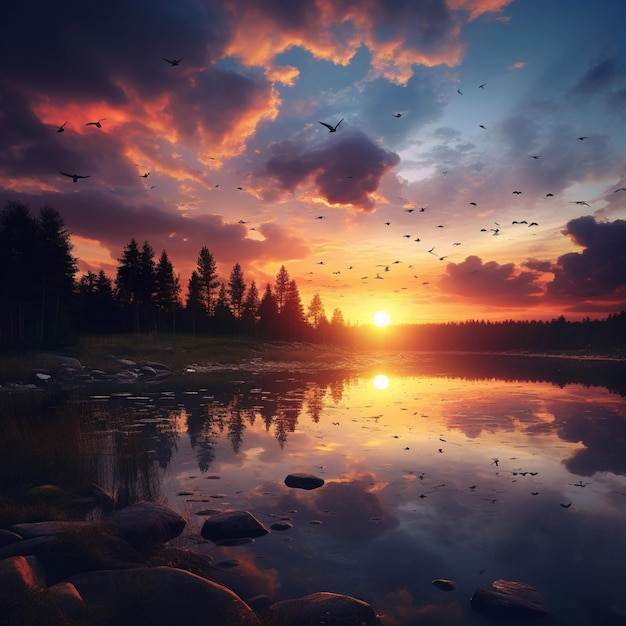 Um pôr-do-sol sereno sobre um lago tranquilo