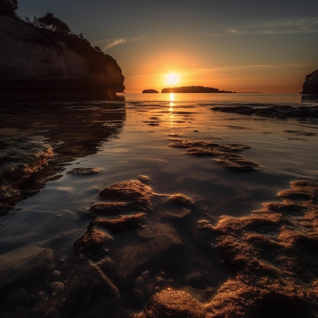 Um pôr do sol sobre a água com o pôr do sol atrás dele