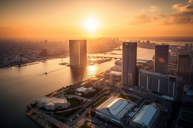 Um pôr do sol sobre a cidade de yokohama