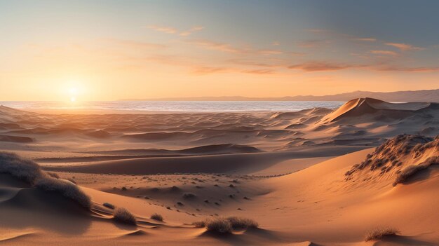 Foto um pôr do sol sobre as dunas de areia do deserto do saara