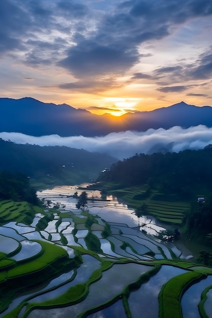 Um pôr do sol sobre campos de arroz nas montanhas