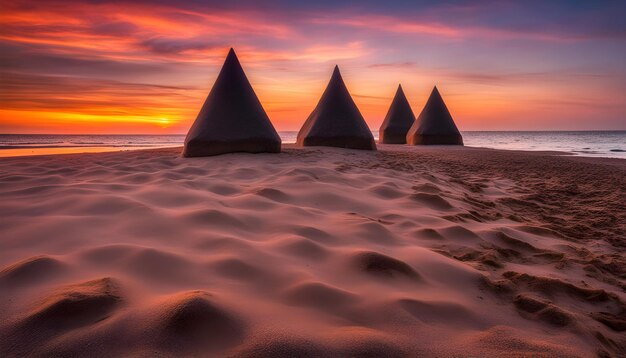 um pôr-do-sol sobre escultura de areia em uma praia com o pôr- do-sol atrás deles