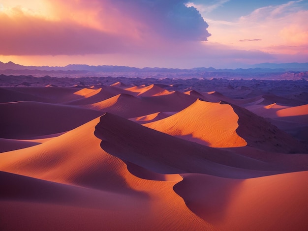 Um pôr do sol sobre o deserto com dunas de areia em primeiro plano.