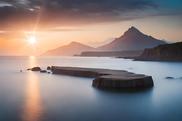 Um pôr do sol sobre o mar com montanhas ao fundo