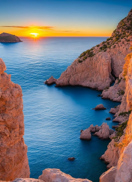 Foto um pôr do sol sobre o mar com um penhasco e o pôr do sol atrás dele