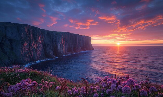 Um pôr-do-sol sobre o oceano com flores e penhascos