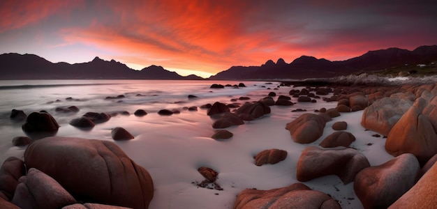 Um pôr do sol sobre o oceano com montanhas ao fundo