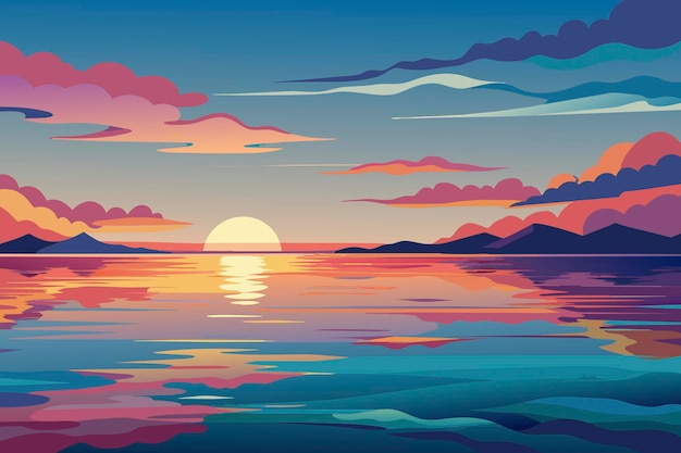 Um pôr-do-sol sobre o oceano com montanhas e nuvens