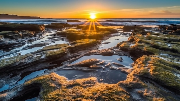 Um pôr do sol sobre o oceano com o sol se pondo atrás dele