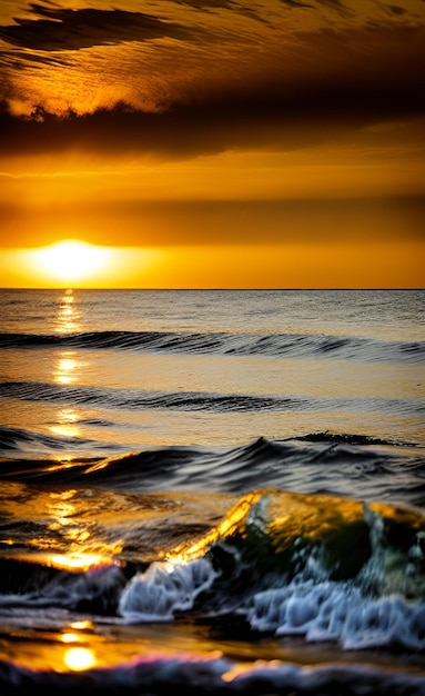 Um pôr do sol sobre o oceano com o sol se pondo atrás dele